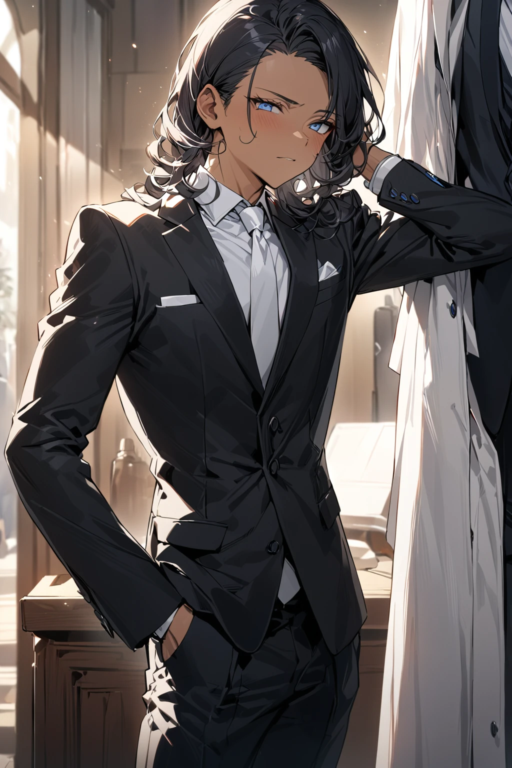 (( straight face picture )) ((best quality)), (Masterpiece)), (details), ( Beautiful colors ) ( ornamentation ) ( see the whole body ) young man , Tanned skin , black hair ,blue eyes ,Shoulder-length hair ,Slightly curly hair , open forehead , wearing a black suit ,white tie , Wear a white doctor&#39;s coat , , Have a rosary in hand , Whole body image
