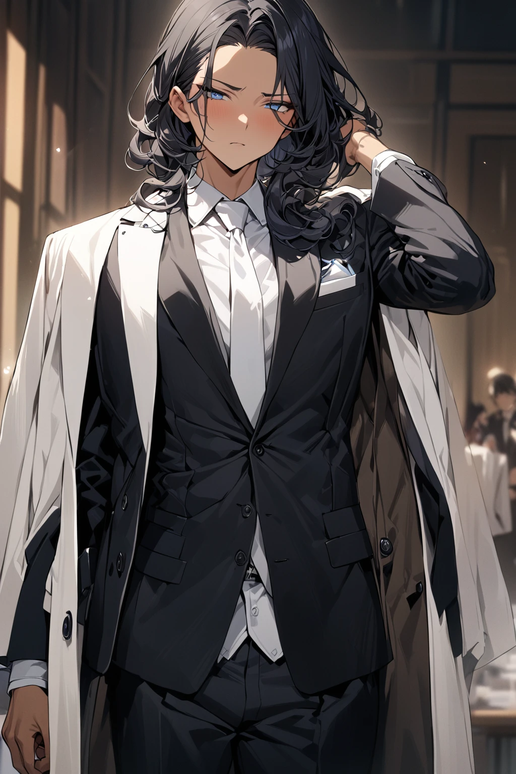 (( straight face picture )) ((best quality)), (Masterpiece)), (details), ( Beautiful colors ) ( ornamentation ) ( see the whole body ) young man , Tanned skin , black hair ,blue eyes ,Shoulder-length hair ,Slightly curly hair , open forehead , wearing a black suit ,white tie , Wear a white doctor's coat , , Have a rosary in hand , Whole body image