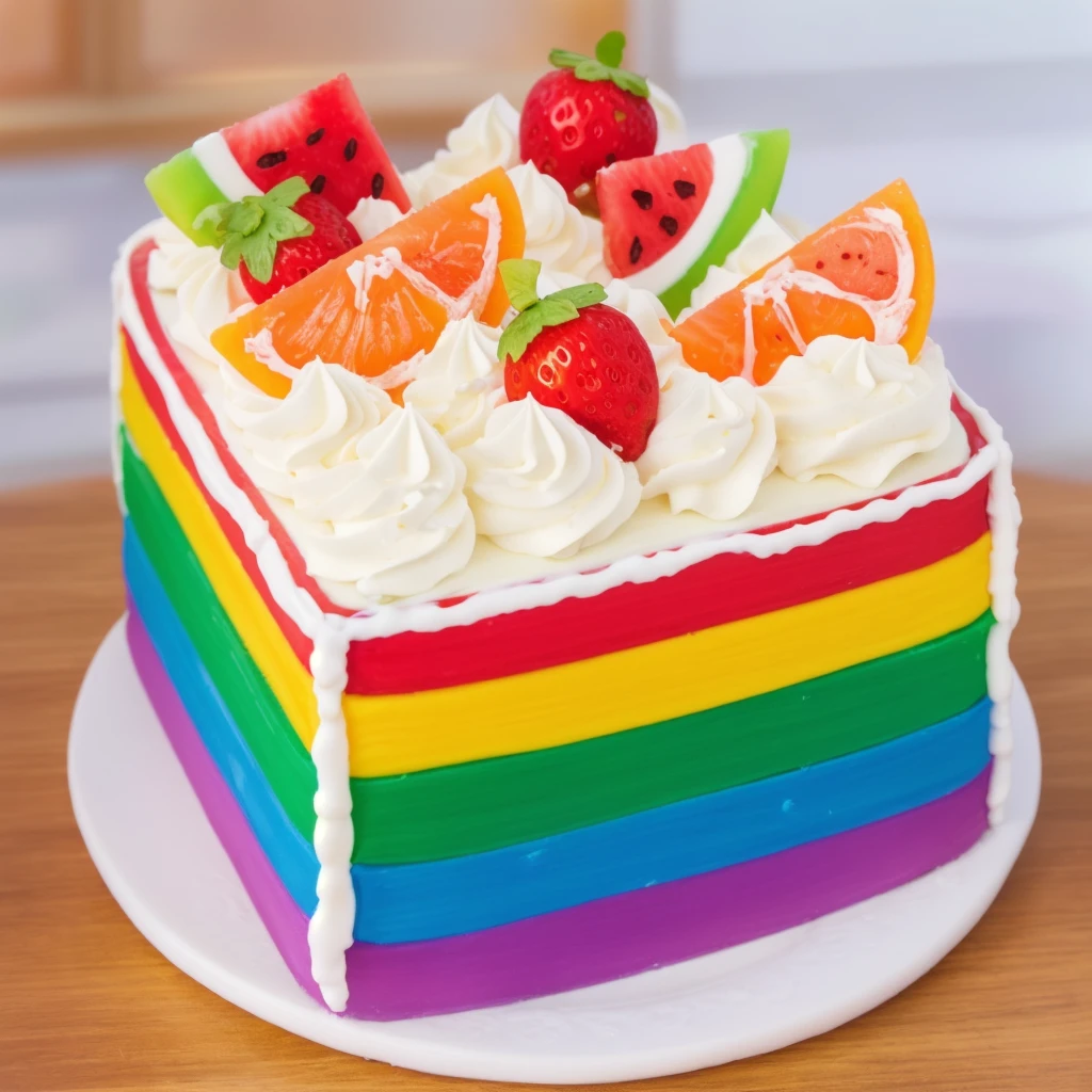 on a wooden table, on a porcelain plate, a tiny cream rainbow cake, with cream lines drawn on its edges, white cream swirls, tiny strawberries, oranges and watermelon slices made of polymer clay on the cake, window light, bright lights, soft light, window light, professional lighting, light from the window, neat light, realistic texture, realistic style, detailed texture, high quality, high resolution, high quality rendering, realistic photo, brightning light, macro photo