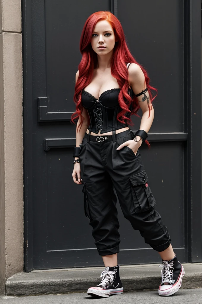 Woman with long red hair and pink locks, dressed in a black corset and loose black cargo pants, converse rosados, short black gloves
