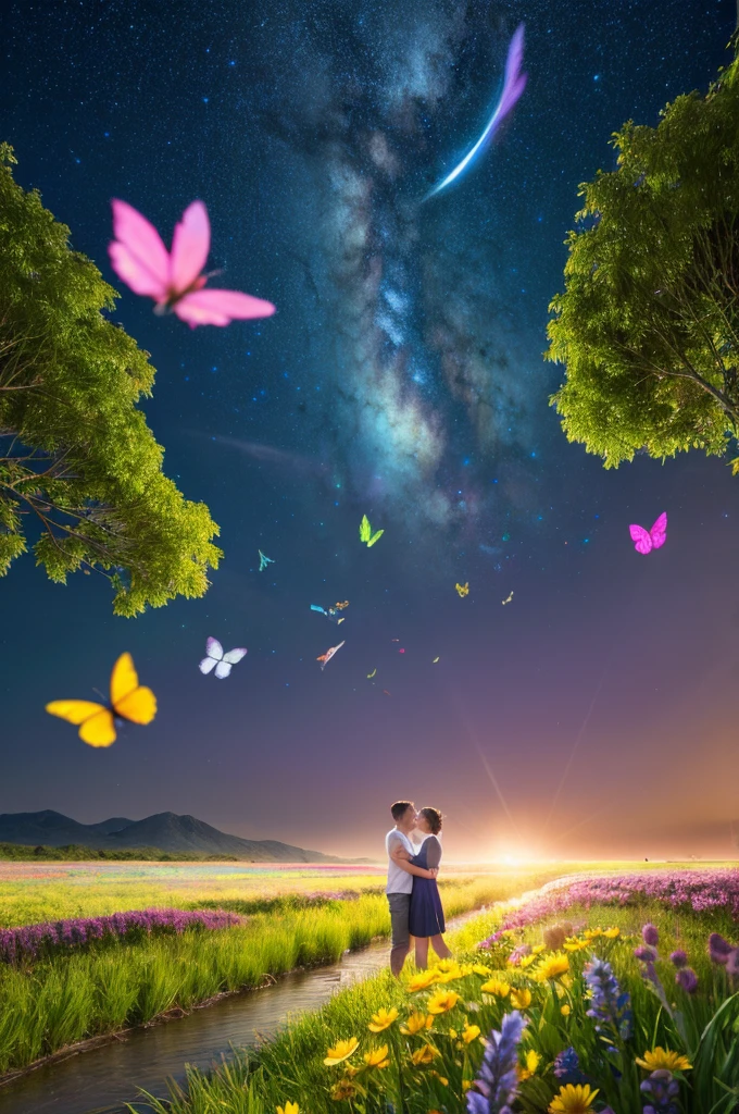 masterpiece, 最high quality, high quality, Very detailed cg unity 8k wallpaper, With vibrant colors and a bright night sky、an extremely colorful and pure fantasy environment, Star-filled sky, Bright green grass landscape, colorful trees々, Shining Fruit, Bright and shiny blue flower. The stream is a deep black color, The air is filled with sweet exotic scents. The environment looks like something out of a dream, Glowing butterflies and giant colorful birds fly around, Award-winning photography, Bokeh, Depth of written boundary, High resolution, bloom, chromatic aberration ,Realistic,Very detailed, Trending on Artstation, Trending on CGSociety, Complex, Attention to detail, dramatic, art:Mid Journey