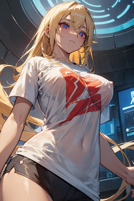 optimal,masterpiece,high resolution,best quality,Ultra HD,Very detailed,The award-winning,16K,Solitary,(Upper Body),Correct anatomy,Beautiful cyberpunk girl,Cowboy shooting、Cute face,,Blonde、Long hair、Double tail、Weaving, hairline,((Scarlet eyes)),Long eyelashes,Drooping corners of the eyes,White skin,((Shot from below)), ((t-shirt:1.5)), Clock top、((Clear nipples))、Rocket , (Large Breasts),(because I'Thin),
