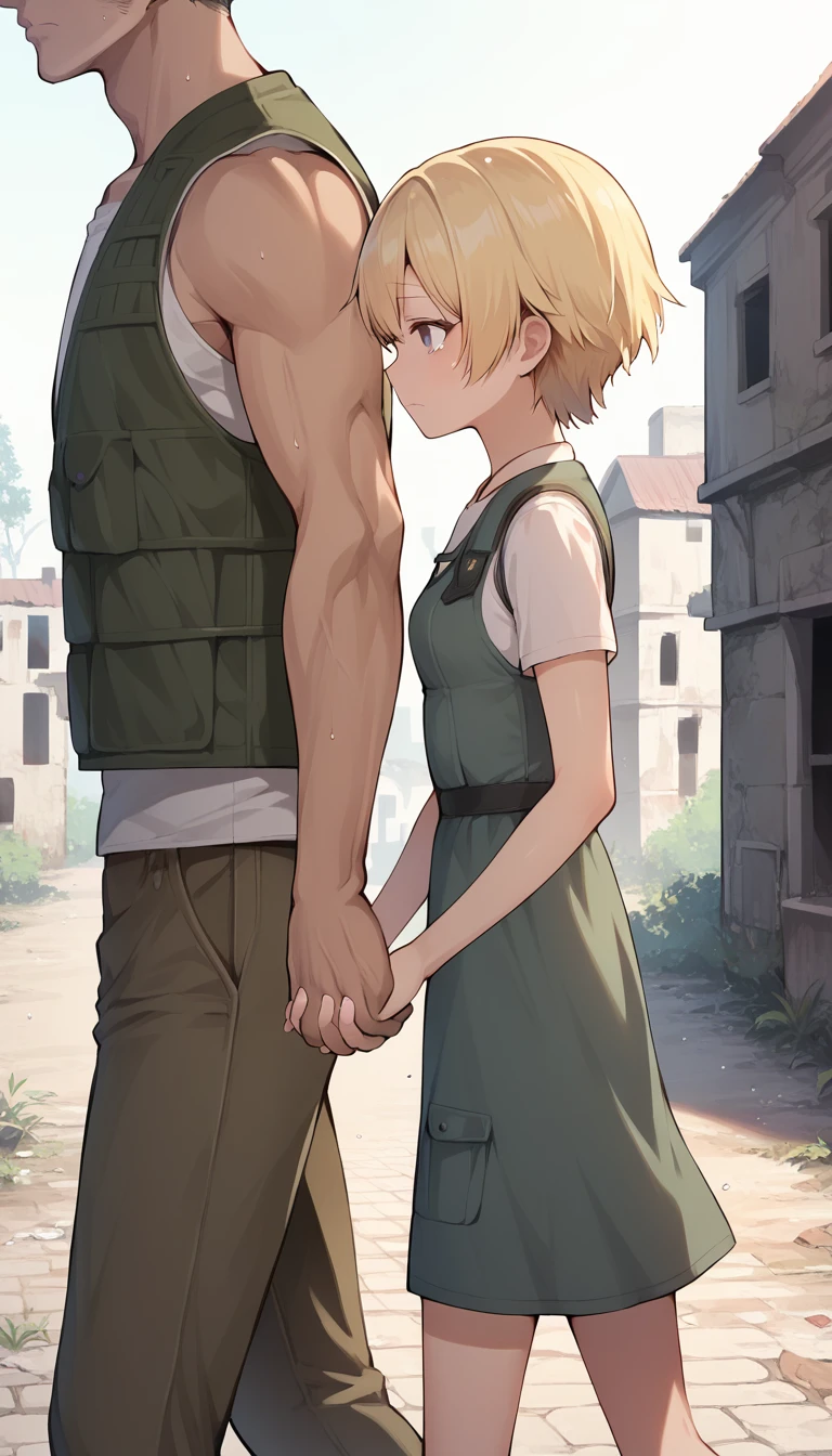 score_9, score_8_up, score_7_up, source_anime BREAK 
1girl, 14yo, _young, from side, small breasts, (girl dirty dress), holding hands, hand in another's hand, blonde short hair, grey eyes, sad face, town ruins, outdoors, walking, ((size difference)), faceless male, male face out of frame, (male cargo vest, pants)