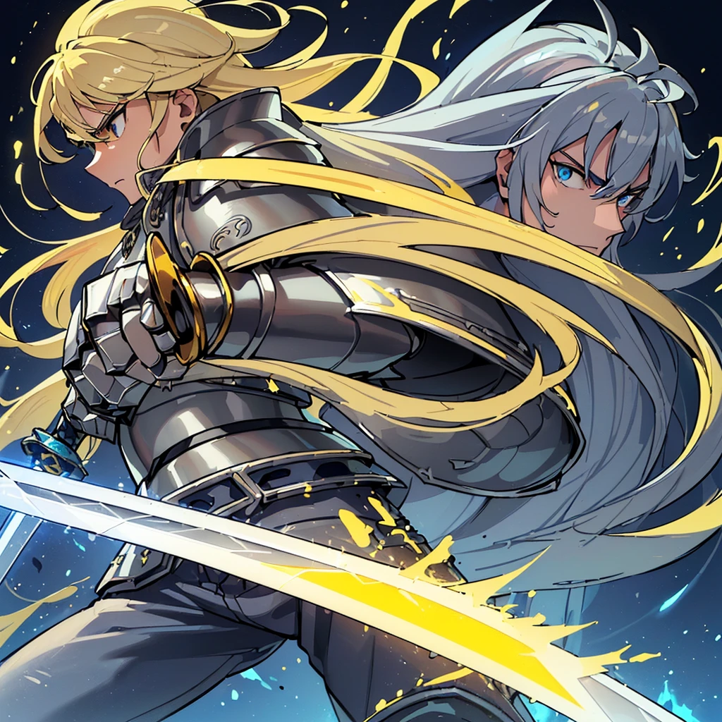 ((((Solo))))、Highest quality, Best Quality, Best illustrations, (((Grey Armor)))、(((Blond long hair man、Long-haired man、male、24-years-old、Cool guy)))、(Medieval Knight)、(Navy blue trousers)、(get annoyed)、Glowing blue aura、(((Grab the glowing yellow sword、Ready your sword)))、Fighting stance、Dramatic Angle