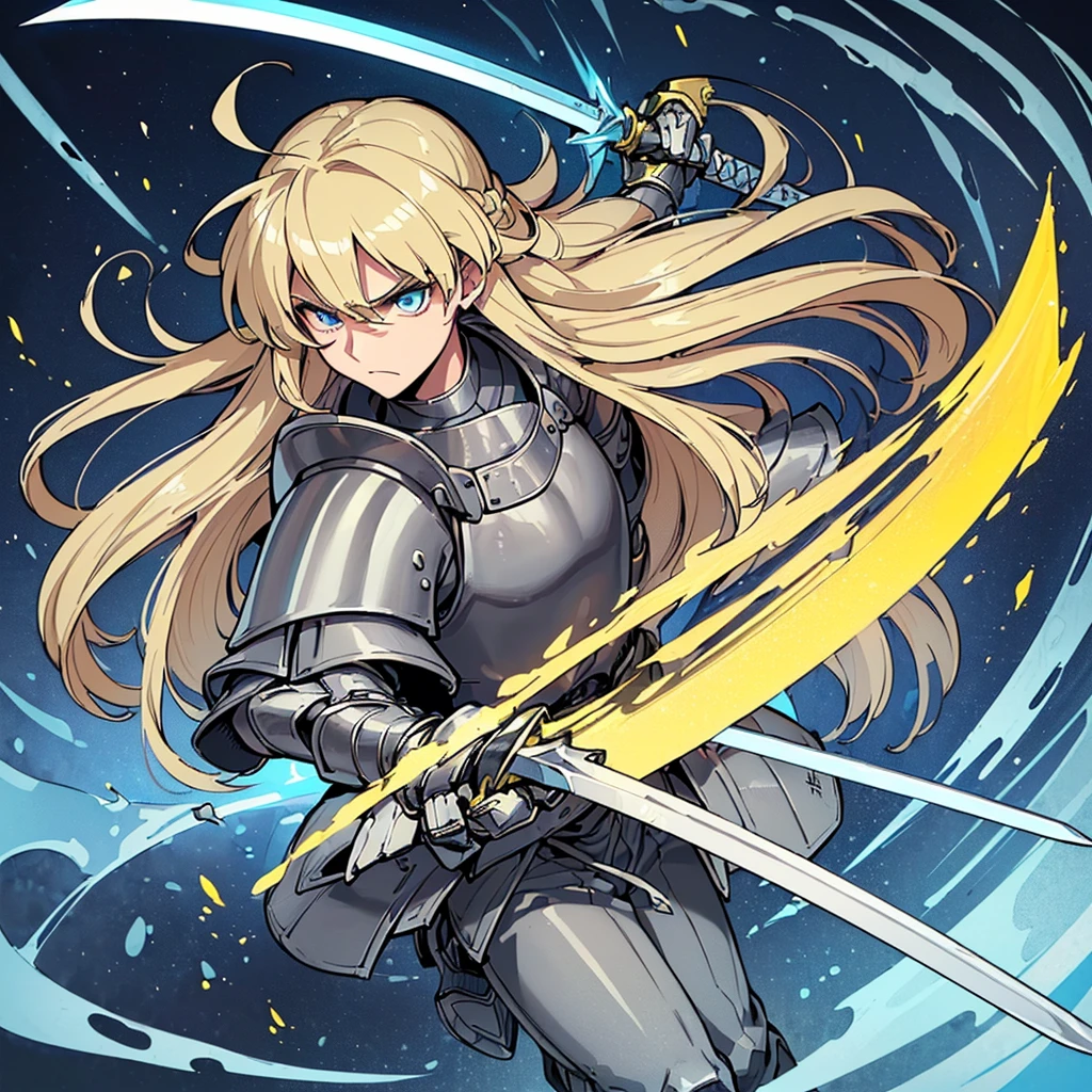 ((((Solo))))、Highest quality, Best Quality, Best illustrations, (((Grey Armor)))、(((Blond long hair man、Long-haired man、male、24-years-old、Cool guy)))、(Medieval Knight)、(Navy blue trousers)、(get annoyed)、Glowing blue aura、(((Grab the glowing yellow sword、Ready your sword)))、Fighting stance、Dramatic Angle