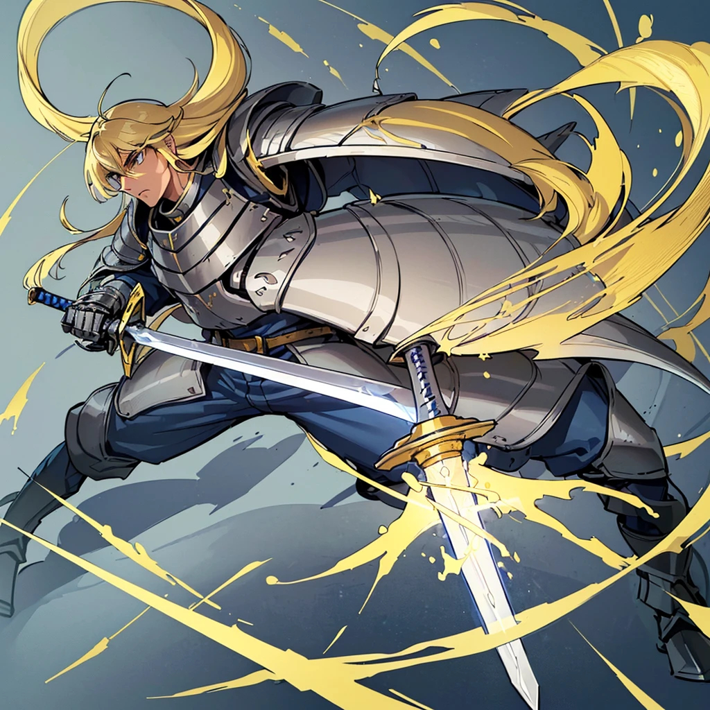 ((((Solo))))、Highest quality, Best Quality, Best illustrations, (((Grey Armor)))、(((Blond long hair man、Long-haired man、male、24-years-old、Cool guy)))、(Medieval Knight)、(Navy blue trousers)、(get annoyed)、Glowing blue aura、(((Grab the glowing yellow sword、Ready your sword)))、Fighting stance、Dramatic Angle