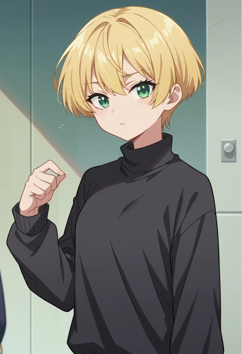 score_9, score_8_up, score_7_up, source_anime, anime_screencap, 1girl, black sweater, green eyes, blonde hair, short hair, sidelocks, 