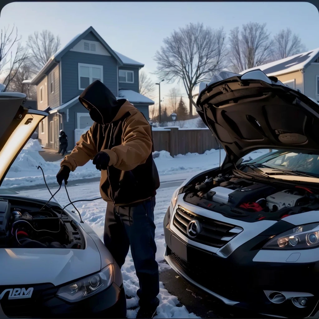 Extremely high image quality,real,photography,A hooded man and two cars with their hoods open, User Photos, accurately depicted, User Photosture,A clamp on the car battery,Connect with two wires, One car charges another car,accurate depiction, mechanical