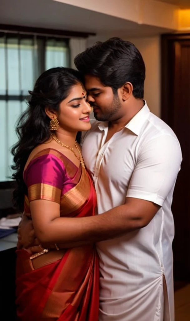a 20-year-old shirtless man affectionately hugging and kissing aradiant, full-figured South Indian plus-sized 30 year old teacher wearing a blue silky saree in dressing room, captured in a full-body image with vibrant hues and meticulous details. Full body image