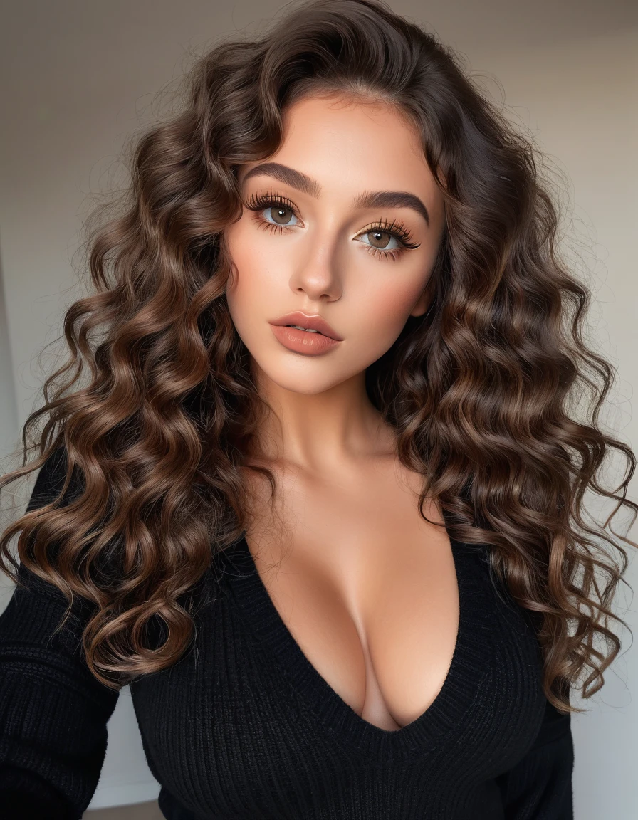 (best quality,4k,highres, highres face details), brown long curly hair, wearing a black sweater,18 years old, instagram model, 36DD natural breast, fake lashes, fake lips, dark makeup, perfect skin, tan skin, she is skinny, she is caucasian, golden hour, huge naturel breast 36DD, posing, sexy, sensual vibes, whole body image, from head to toes