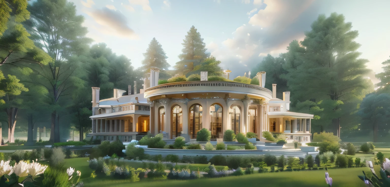 There is a big house,There are many windows,There are many trees, Architectural Rendering, Architectural Renderinging, Stunning rendering, High-quality rendering, Neoclassical style, Beautiful fairy tale, realistic fantasy rendering, elegant render, Stunning 3D rendering, Stunning 3D rendering, Beautifully detailed rendering, Highly detailed rendering, Dramatic Rendering, Gorgeous hideaway, Stunning rendering