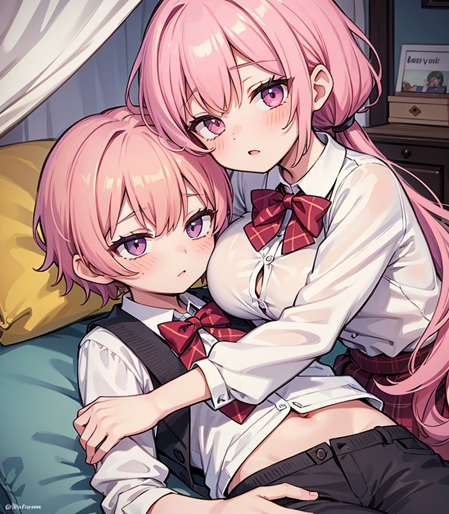 masterpiece, Highest quality, so beautiful, absurdists,High resolution,One girl, One boy,Cuddling in bed, like,sexly,Look at each one, blush,Age difference,bow tie,blondes,chest,Long Hair,Pink Hair,Tucked in shirt,short hair,skirt,Tent shirt,Slut,Big breasted sister and brother,Siblings, trousers,Pushing her big tits against her brother,(My brother&#39;s small erect penis),((((姉のvery huge breasts,Sister crushes her big tits in her brother&#39;s face)))),(((((Very huge breasts))))),((small penis,NSFW,Soft Very HUGE breasts)),((Bursting Breasts,弟の顔を隠すHuge breasts)),((Huge breasts,Large Breasts,とてもLarge Breasts、すごくLarge Breasts、とてつもなくLarge Breasts)),Two people gazing at each other