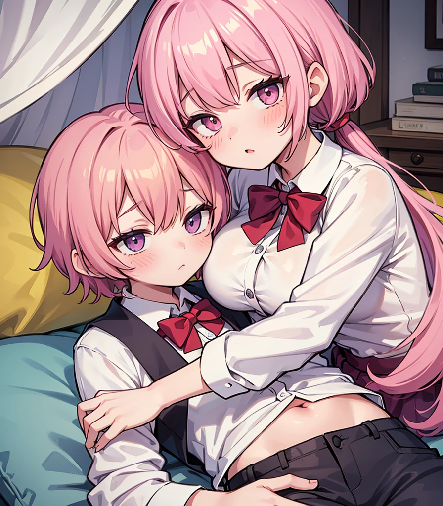 masterpiece, Highest quality, so beautiful, absurdists,High resolution,One girl, One boy,Cuddling in bed, like,sexly,Look at each one, blush,Age difference,bow tie,blondes,chest,Long Hair,Pink Hair,Tucked in shirt,short hair,skirt,Tent shirt,Slut,Big breasted sister and brother,Siblings, trousers,Pushing her big tits against her brother,(My brother's small erect penis),((((姉のvery huge breasts,Sister crushes her big tits in her brother's face)))),(((((Very huge breasts))))),((small penis,NSFW,Soft Very HUGE breasts)),((Bursting Breasts,弟の顔を隠すHuge breasts)),((Huge breasts,Large Breasts,とてもLarge Breasts、すごくLarge Breasts、とてつもなくLarge Breasts)),Two people gazing at each other