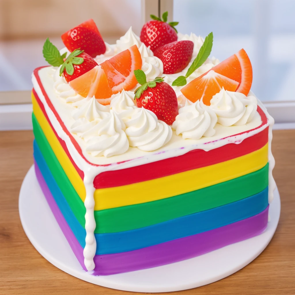 on a wooden table, on a porcelain plate, a tiny cream rainbow cake, with cream lines drawn on its edges, white cream swirls, tiny strawberries, oranges and watermelon slices made of polymer clay on the cake, window light, bright lights, soft light, window light, professional lighting, light from the window, neat light, realistic texture, realistic style, detailed texture, high quality, high resolution, high quality rendering, realistic photo, brightning light, macro photo