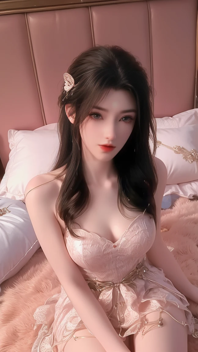 1girl, cheerful girl, carefree and happy, smiling, laughing, The girl is wearing a beautiful dress, the girl's eyes are bright and sparkling, very beautiful, cute and sweet ,The girl is in the bedroom 