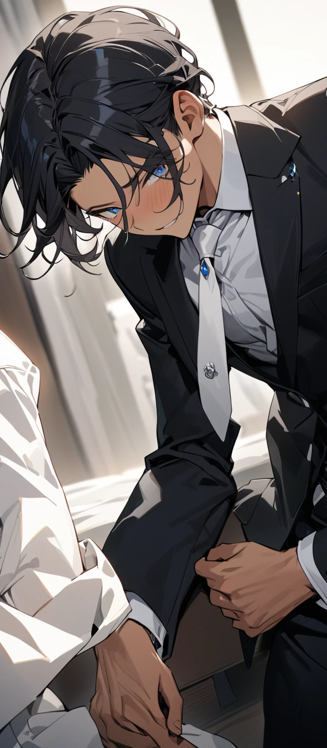 (( straight face picture )) ((best quality)), (Masterpiece)), (details), ( Beautiful colors ) ( ornamentation ) ( see the whole body ) young man , Tanned skin , black hair ,blue eyes ,Shoulder-length hair ,Slightly curly hair , open forehead , wearing a black suit ,white tie , Wear a white doctor's coat , , Have a rosary in hand , Whole body image