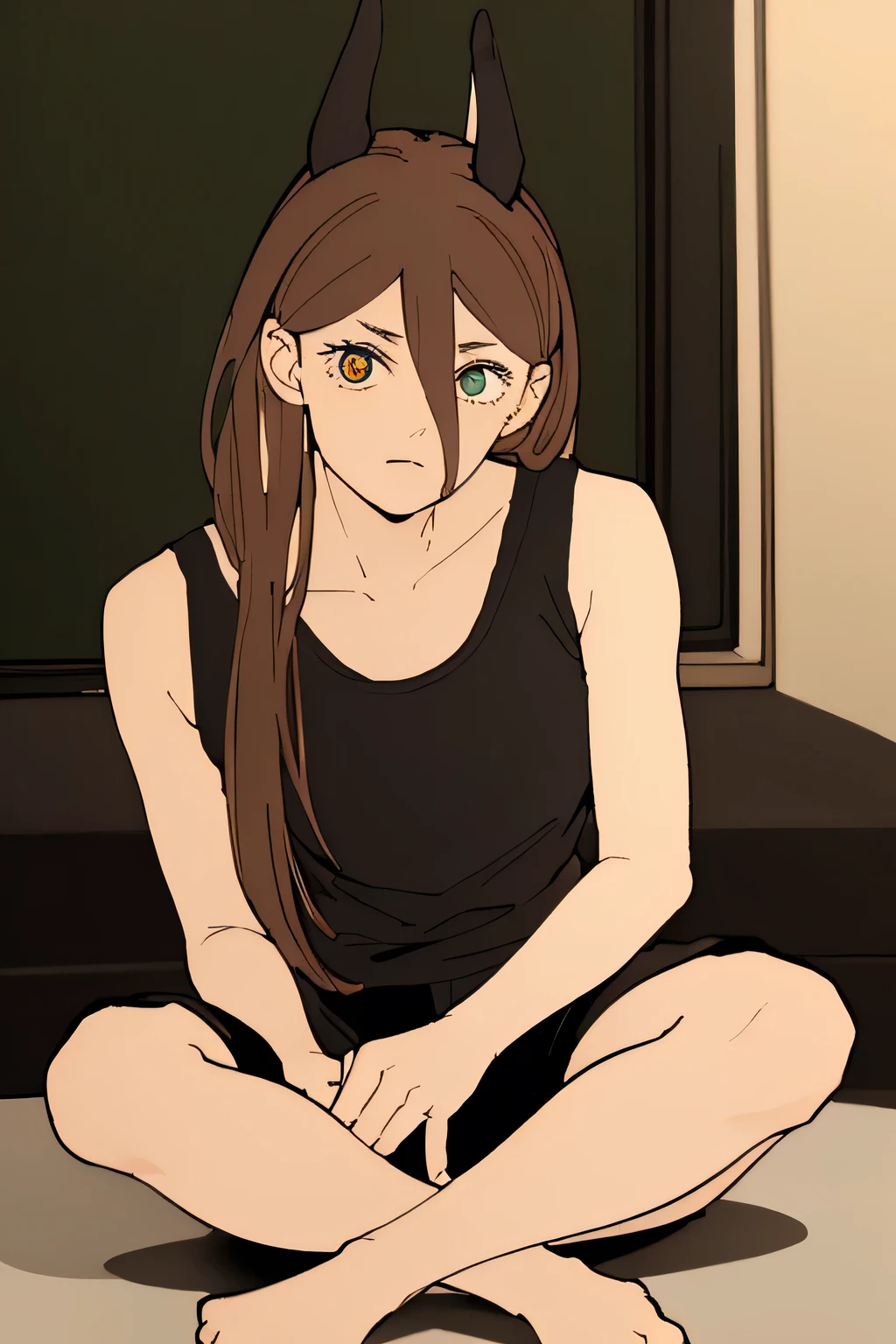 ((best quality)), ((masterpiece)), (detailed), perfect face 1 boy light brown skin, 5 toed bare feet, foot bandages, shoulder length hair, black hair, soft green eyes, 5 toed feet, dirty soles of feet, black shorts, tight black sleeveless t-shirt