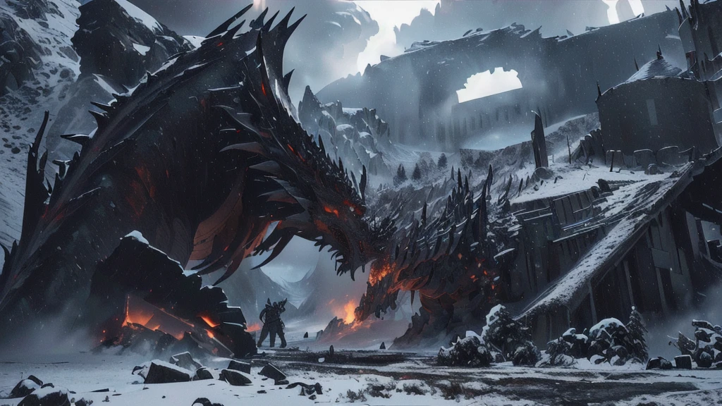 knight confront winter dragon, fire dragon, fire in mouth, ruined castle,debris, dark ,snowy winter,fog, dramatic scene, movie scene, fire, view from below, unreal engine, hyper detailed, volumetric lighting,8K, Ultra-HD, photo realism, cinematic rendering, ray tracing, highest quality