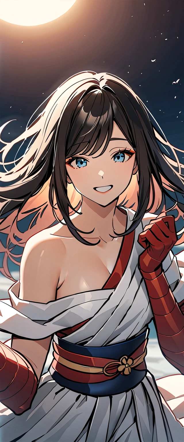 A photo of Izanami no Mikoto with natural skin, Japanese Gods, laughing, Black hair with red mesh, Sharp eyes with blue eyeshadow, A thin, upturned nose, Well-shaped lips, White off-the-shoulder dress, barefoot, White clothes, Clothing of ancient Japan, Makeup, Exquisitely crafted with the utmost attention to detail, Vibrant, amazing, Smooth, Cinematic, 4K, Backlight, ((Flying in the sky)), Shallow depth of field.