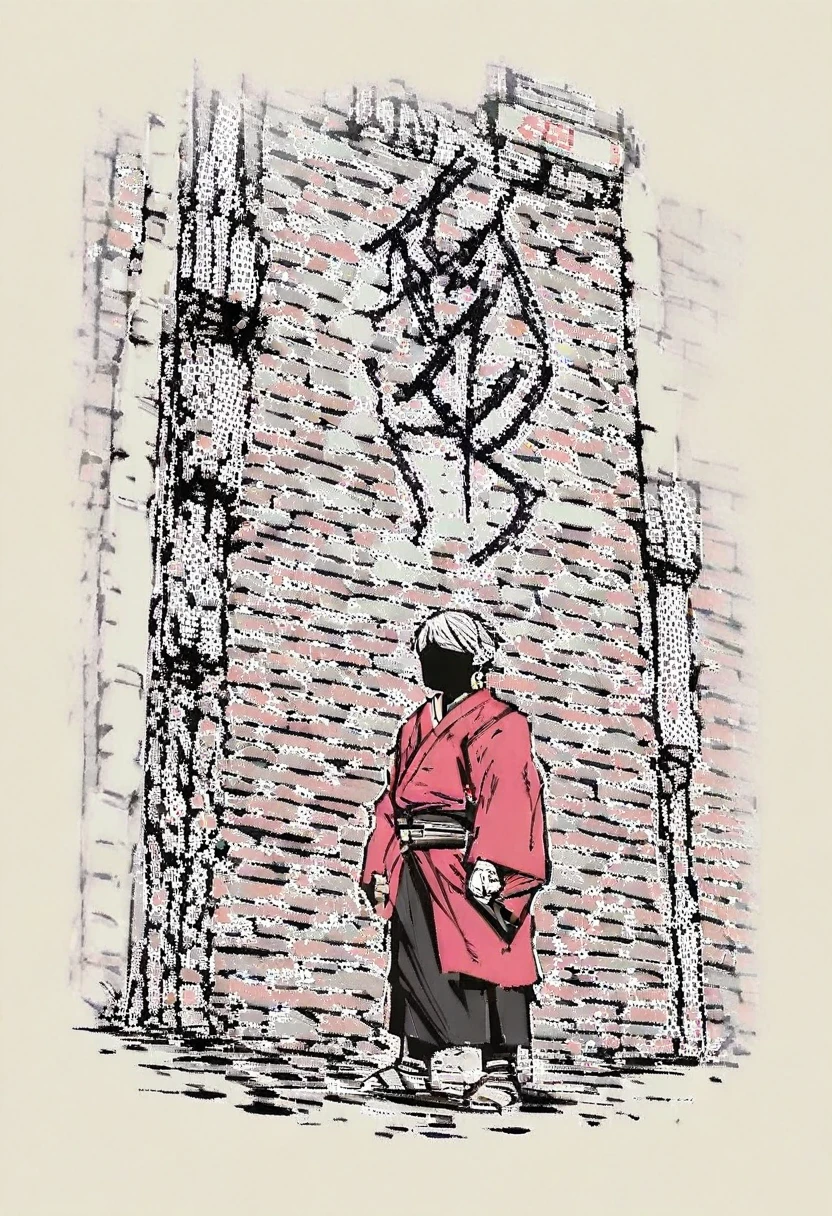 a dark alley, red japanese graffiti, red japanese led, water puddles, tall samurai, hidden face, hidden eyes, hidden mouth, hidden nose, black cloth, dark aura, katana, (best quality,4k,8k,highres,masterpiece:1.2),ultra-detailed,(realistic,photorealistic,photo-realistic:1.37),dark fantasy,chiaroscuro lighting,moody atmosphere,dramatic lighting,cinematic
