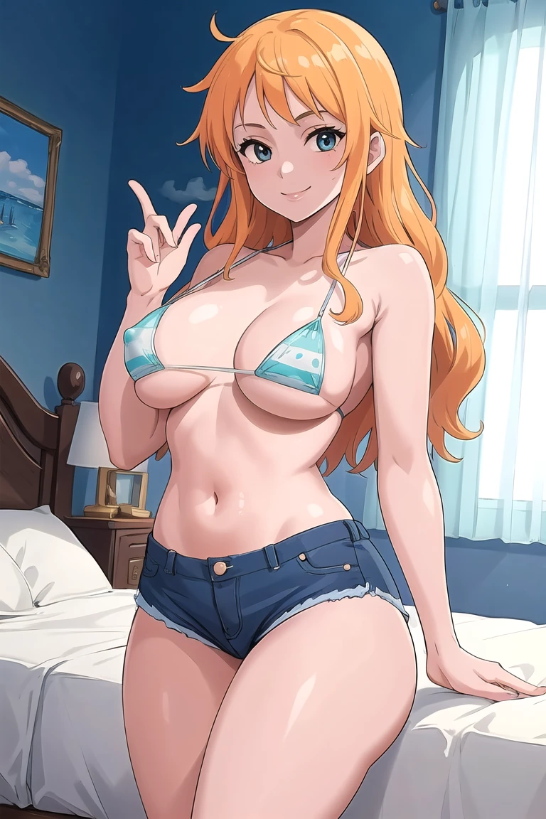 nami, (8k, RAW photo, best quality, masterpiece:1.2), (intricate details), perfect eyes, perfect face, perfect lighting, beautiful, (masterpiece:1.2), (best quality:1.2), 1girl, , micro bikini top , denim shorts , bedroom ,smile