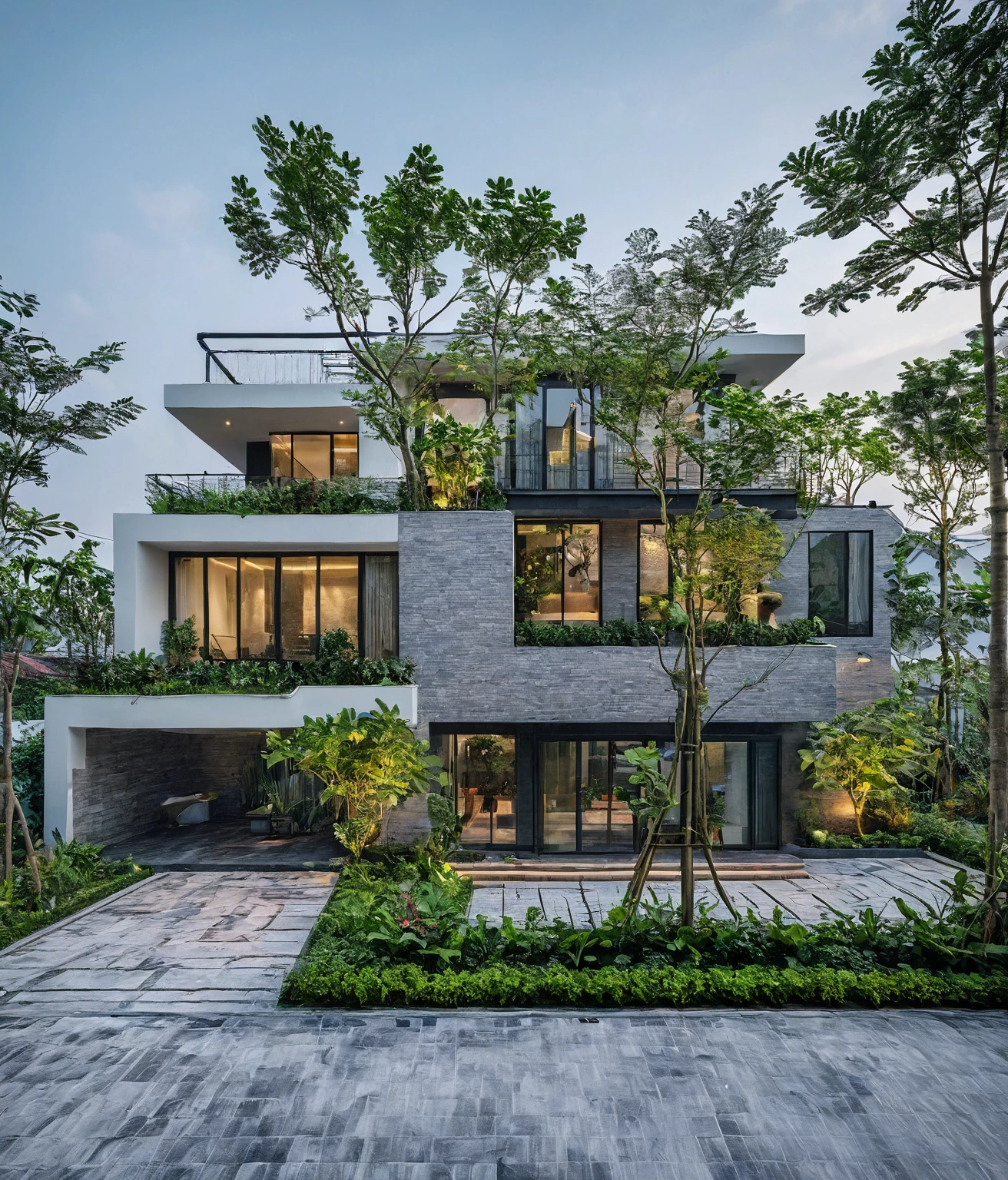 modern villa, modern style, ventilation tiles open space loft villa with roof garden, modern, dynamic (RAW photo, real, best quality, masterpiece:1.2), (hyper realistic, photo-realistic:1.2), high quality, (dark lighting:1.2), perfect lighting, archdaily, architecture digest award wining sustainable architecture, cinematic