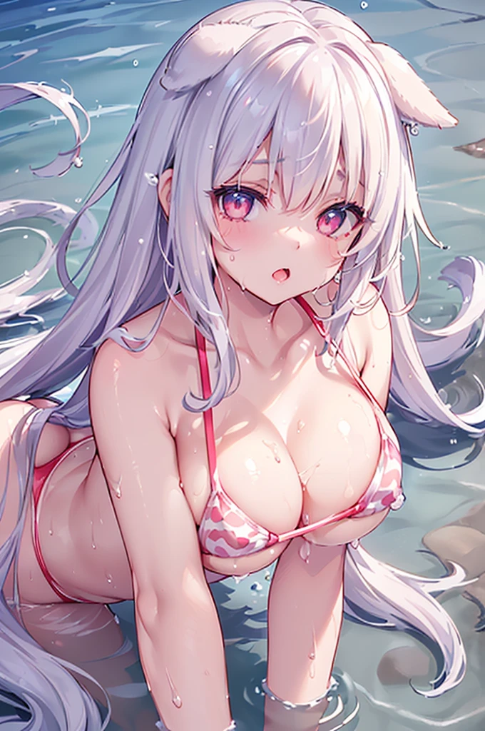 One girl、A little sexy、Blonde、Red sparkling eyes、detailed cute eyes,(glowing eyes:1.4),open mouth,((Droopy eyeole at the mouth　Medium Curl Hair、Dog ears、clear waters lying on the water bikini (waterdrop:1.2) ocean large breast (sweat:1.2) Flawless Smooth skin wet moist bubble Sun-kissed skin water (sand of the Sea floor:1.2) skin reflect light