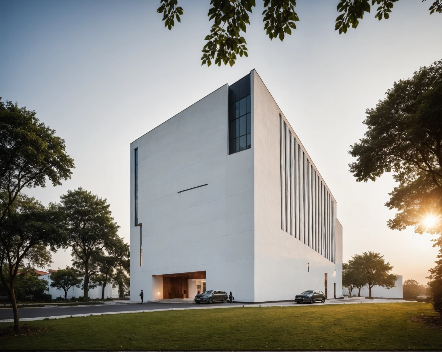 raw photo, best quality, ultra realistic, masterpiece, best quality skin, photography hd, dslr,
tcs, httlvn, modern church, road, people, house, facade design, outdoors, church, white walls, cross on top, curved shape building, 
Dusk, sunshine, 
View from a tree, dof view, 