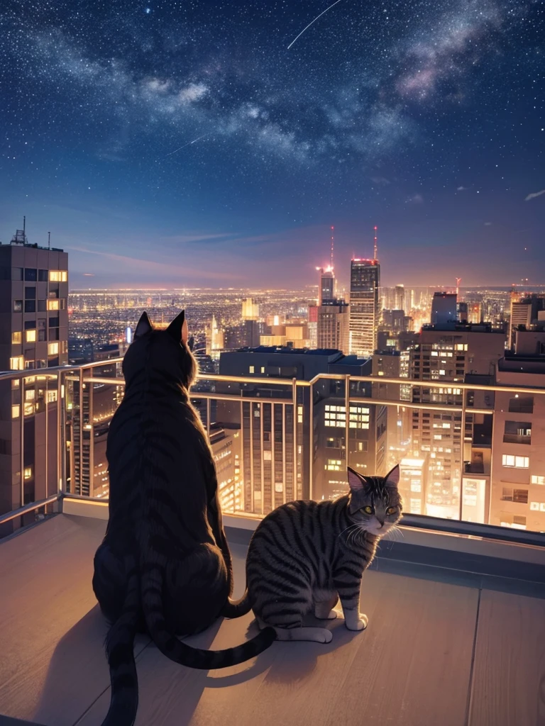 Cat sitting looking at the stars on wall overlooking city at night