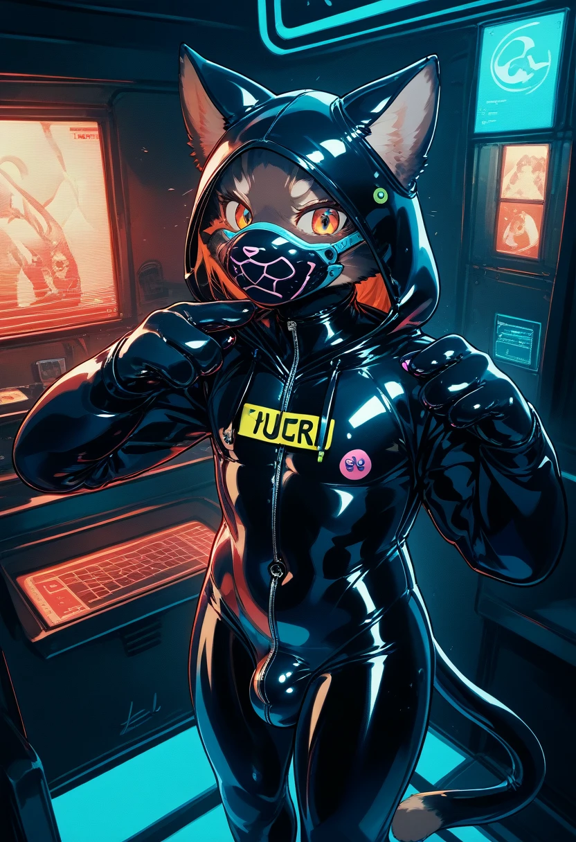 Highest quality, Highest quality, High quality illustrations, masterpiece, Ultra-high resolution, Detailed Background, Games Room, Absurd, Perfect Anatomy, performance, Good lighting, Shadows in the movies(kemono, Furry PersonifiCation), Cat, Dark Skin, Rubber suit, Rubber suit, latex, neon, neonライト, neonカラー, Rubber spats, Rubber Hoodie, Rubber mask, ribbon, Embarrassing, Null bulge, male, juvenile, From above