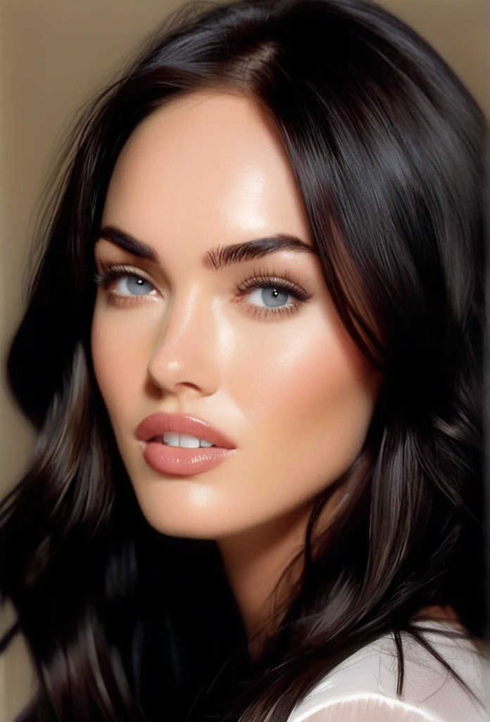 (MeganFox)drawing of the face of a 35 year old woman,long hair,dark haired,white satin shirt