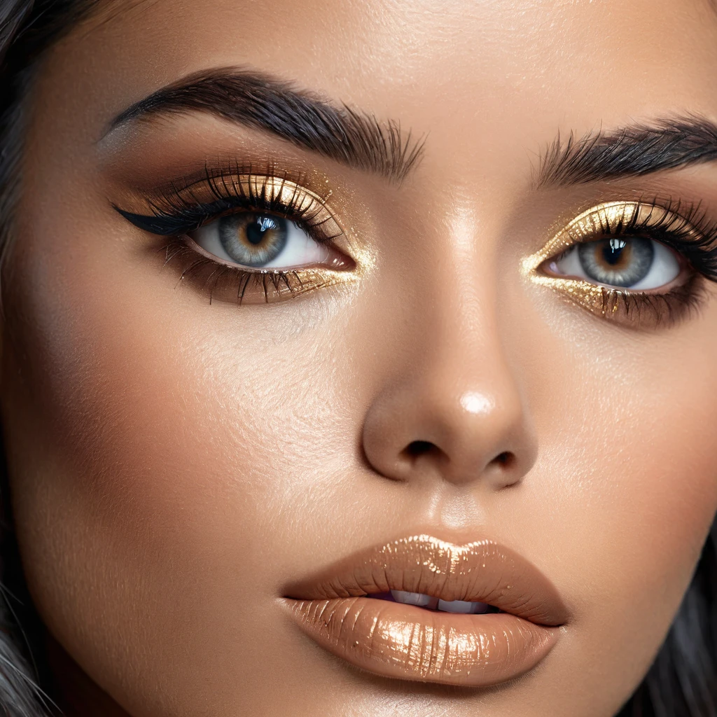A photoreal close up of a stunning 28-year-old Latina model showcases her oval face, straight black hair, and striking grey eyes. Her beautiful lips accentuate her wheatish skin with light brown tone highlights. Dressed in a chic black top, the image should be full body shot, 8k hdr, high detailed, and focused on capturing her mesmerizing beauty. The lighting should be soft and golden to enhance her radiance.