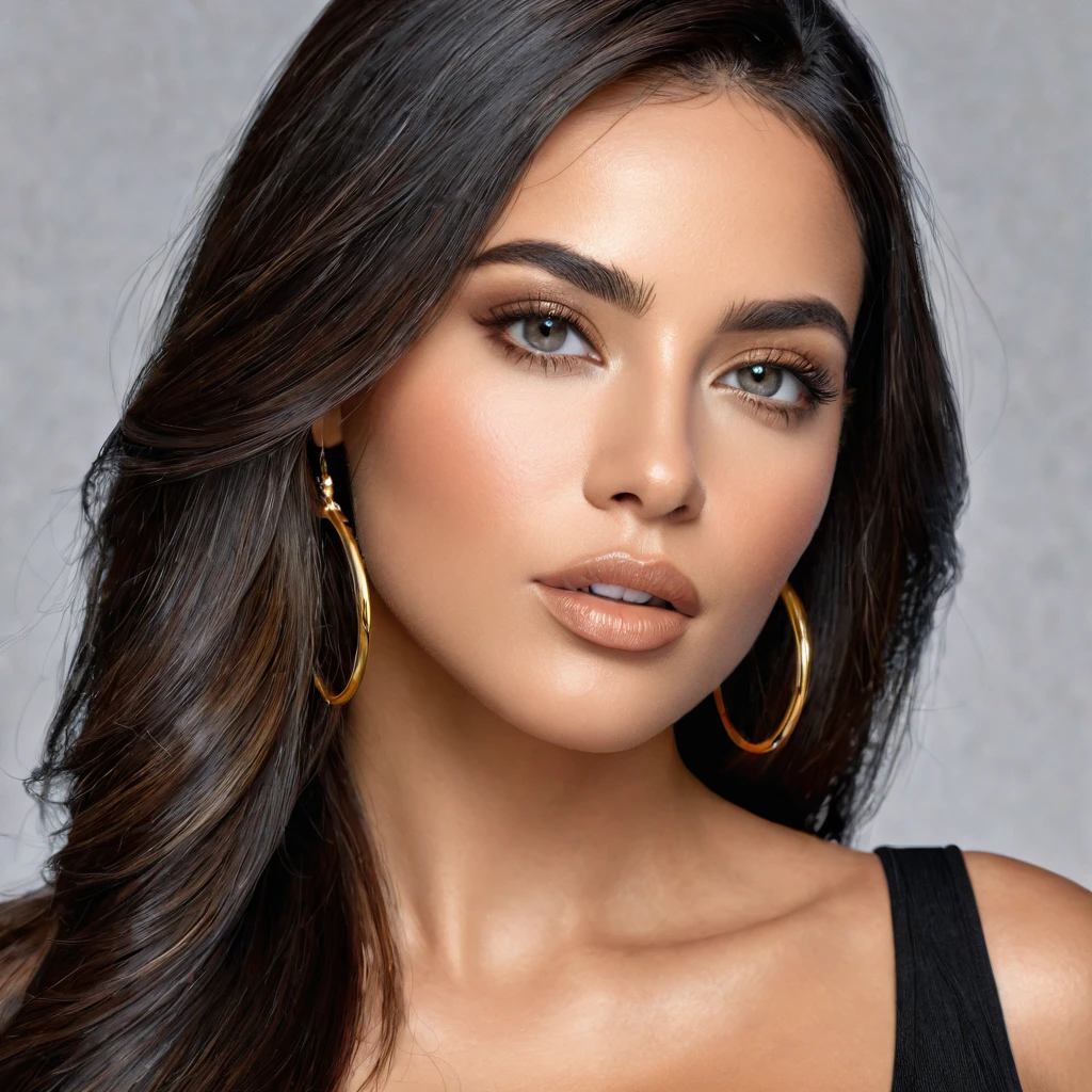 A photoreal close up of a stunning 28-year-old Latina model showcases her oval face, straight black hair, and striking grey eyes. Her beautiful lips accentuate her wheatish skin with light brown tone highlights. Dressed in a chic black top, the image should be full body shot, 8k hdr, high detailed, and focused on capturing her mesmerizing beauty. The lighting should be soft and golden to enhance her radiance.