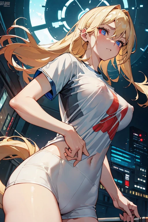 optimal，masterpiece，high resolution，best quality，Ultra HD，Very detailed，The award-winning，16K，Solitary，（Upper Body），Correct anatomy，Beautiful cyberpunk girl，Cowboy shooting、Cute face，，Blonde、Long hair、Double tail、Weaving, hairline，（（Scarlet eyes）），Long eyelashes，Drooping corners of the eyes，White skin，((Shot from below)), ((t-shirt:1.5)), Clock top、((Clear nipples))、Rocket , (Large Breasts),（because I&#39;Thin）