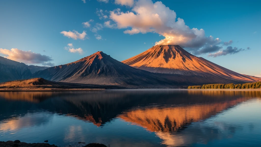Volcanic mountain in morning light reflected in calm waters of lake.