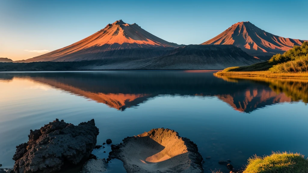 Volcanic mountain in morning light reflected in calm waters of lake.