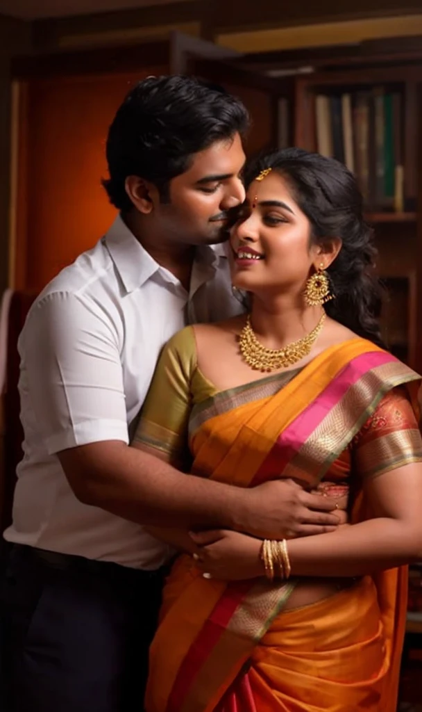 a  20-year-old shirtless man  affectionately hugging and kissing aradiant, full-figured South Indian plus-sized 30 year old teacher wearing a blue silky saree in  dressing room, captured in a full-body image with vibrant hues and meticulous details. Full body image