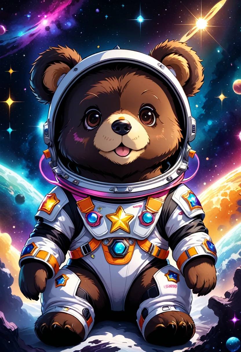 (Cute cartoon style:1.3), (Close up of cute bear sitting and holding stars))), (Full set of cool space suits:1.2)Dark fur, Epic space scenery, Complex design, Vibrant colors, Masterpieces in up to 16K resolution, best quality, Extremely detailed, aesthetics, Cute bear sitting and holding stars.