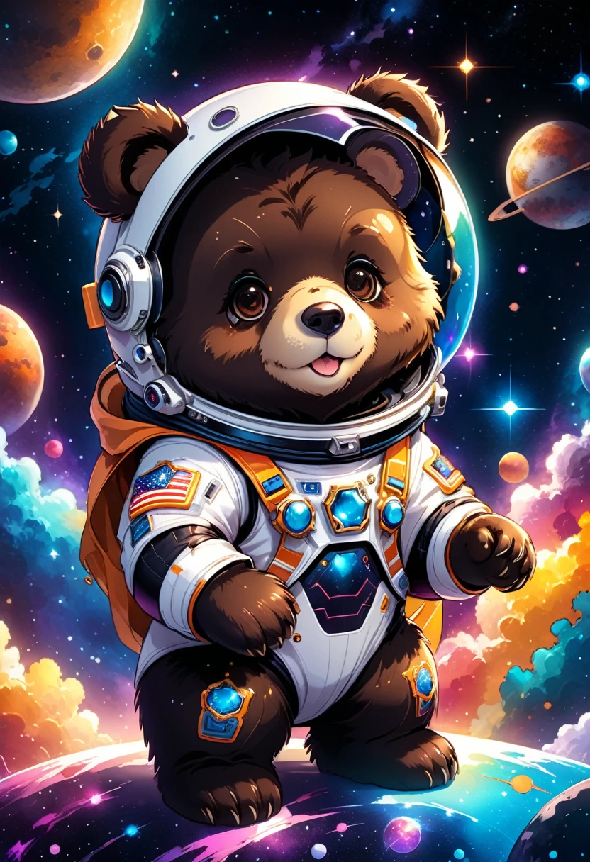 (Cute cartoon style:1.3), (Close up of cute bear sitting and holding stars))), (Full set of cool space suits:1.2)Dark fur, Epic space scenery, Complex design, Vibrant colors, Masterpieces in up to 16K resolution, best quality, Extremely detailed, aesthetics, Cute bear sitting and holding stars.