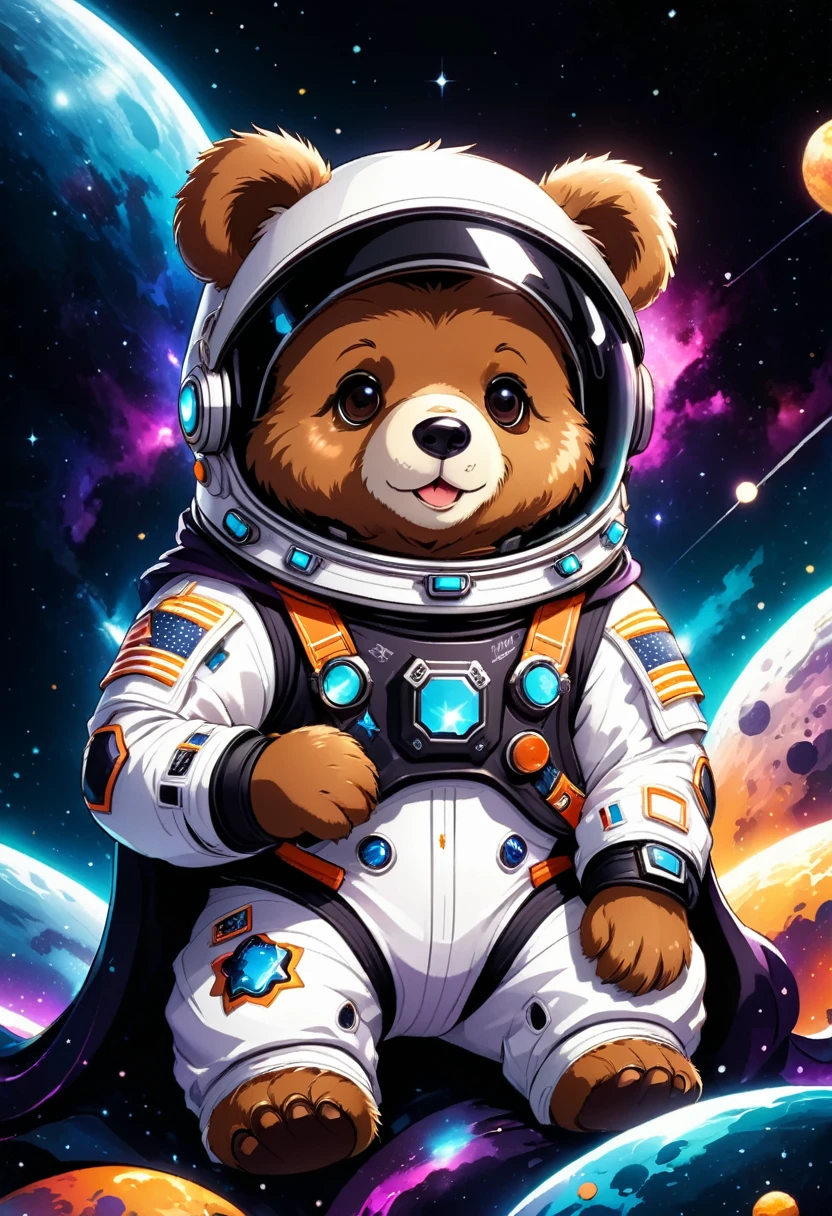 (Cute cartoon style:1.3), (Close up of cute bear sitting and holding stars))), (Full set of cool space suits:1.2)Dark fur, Epic space scenery, Complex design, Vibrant colors, Masterpieces in up to 16K resolution, best quality, Extremely detailed, aesthetics, Cute bear sitting and holding stars.