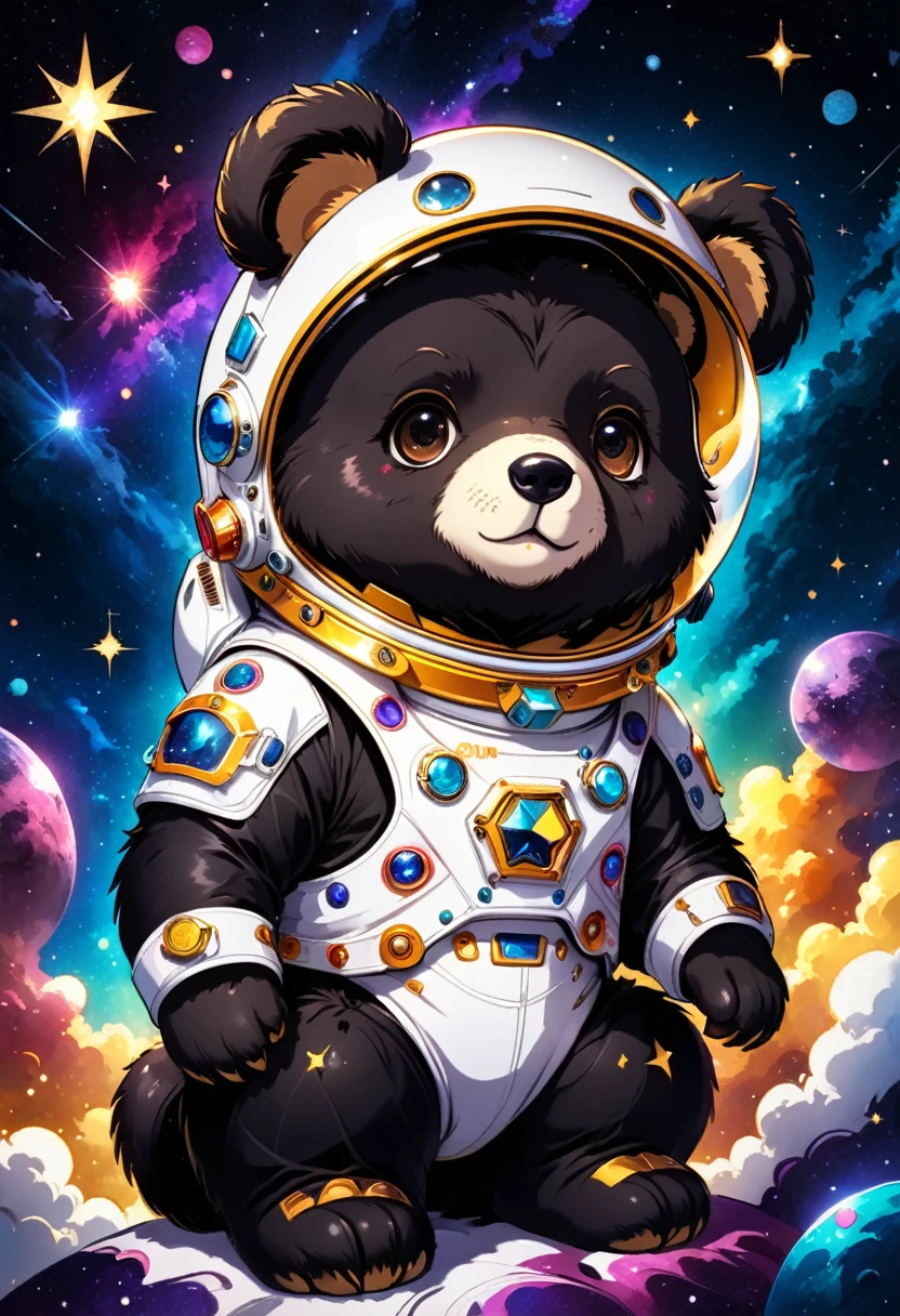 (Cute cartoon style:1.3), (Close up of cute bear sitting and holding stars))), (Full set of cool space suits:1.2)Dark fur, Epic space scenery, Complex design, Vibrant colors, Masterpieces in up to 16K resolution, best quality, Extremely detailed, aesthetics, Cute bear sitting and holding stars.