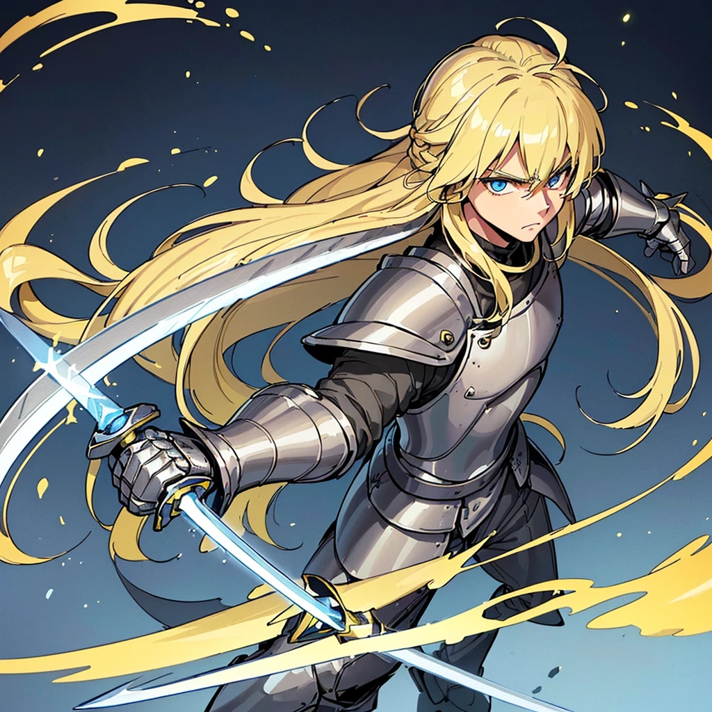 ((((Solo))))、Highest quality, Best Quality, Best illustrations, (((Grey Armor)))、(((Blond long hair man、Long-haired man、male、24-years-old、Cool guy)))、(Medieval Knight)、(Navy blue trousers)、(get annoyed)、Glowing blue aura、(((Grab the glowing yellow sword、Ready your sword)))、Fighting stance、Dramatic Angle