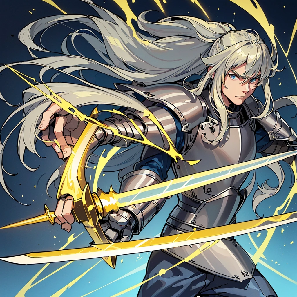 ((((Solo))))、Highest quality, Best Quality, Best illustrations, (((Grey Armor)))、(((Blond long hair man、Long-haired man、male、24-years-old、Cool guy)))、(Medieval Knight)、(Navy blue trousers)、(get annoyed)、Glowing blue aura、(((Grab the glowing yellow sword、Ready your sword)))、Fighting stance、Dramatic Angle