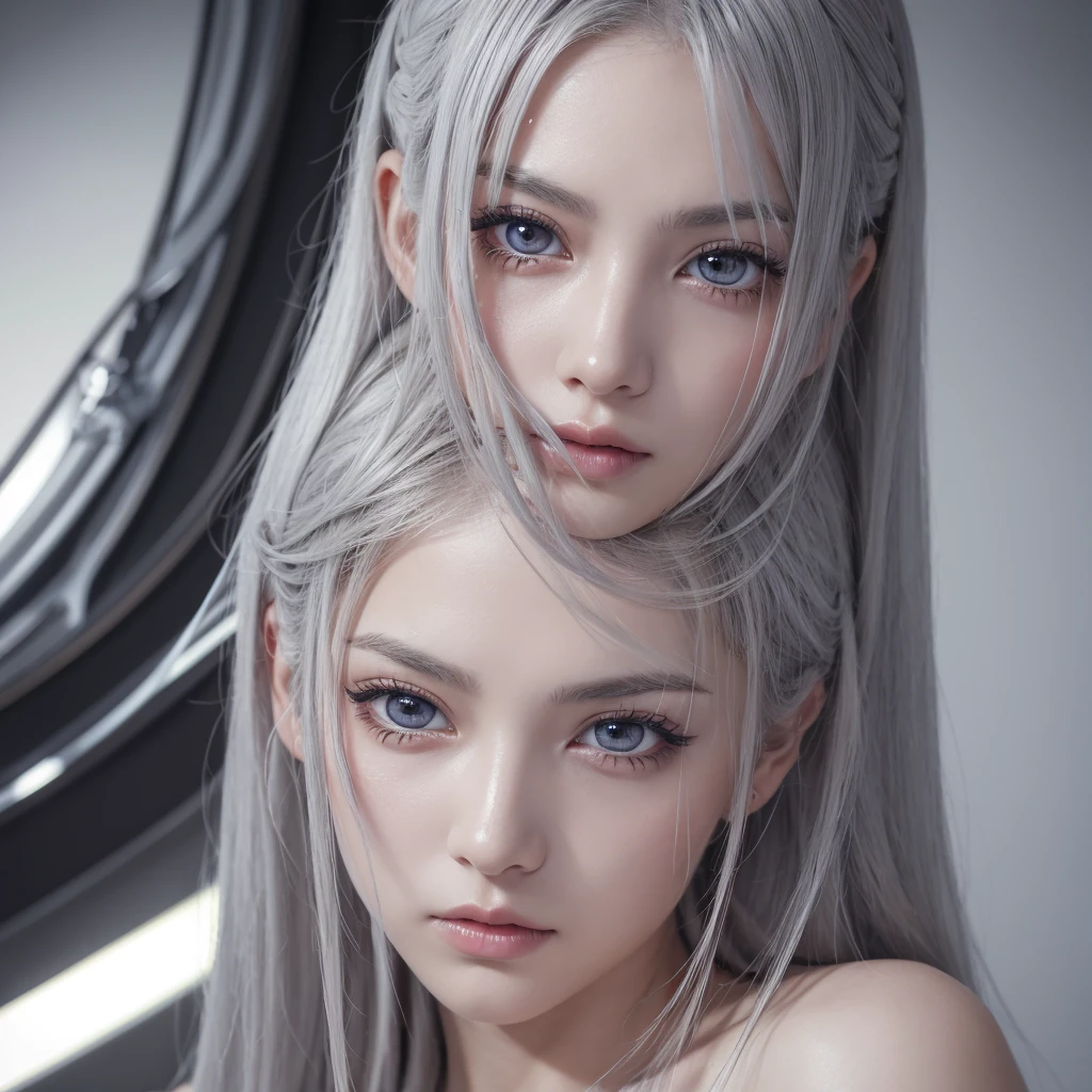One beautiful woman,Swirled pupils,Long eyelashes,Lazy look,Gray Hair,Mouth wounds,twin sword