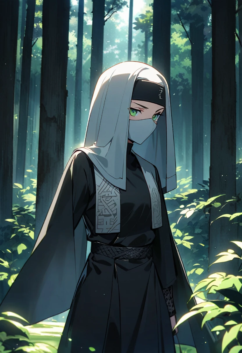 "An anime-style character with green eyes and a serious expression, wearing a predominantly black, stylish outfit that resembles a modern, sleek version of a traditional Japanese nun or ninja uniform. The outfit includes a fitted black robe with intricate designs, a black headband, and a white cloth mask covering the lower half of the face. The white cloth mask has the kanji character '隠' written on it. The character is standing in a dense forest with tall trees and dappled sunlight filtering through the leaves. The background is lush and green, creating a mysterious and serene atmosphere."