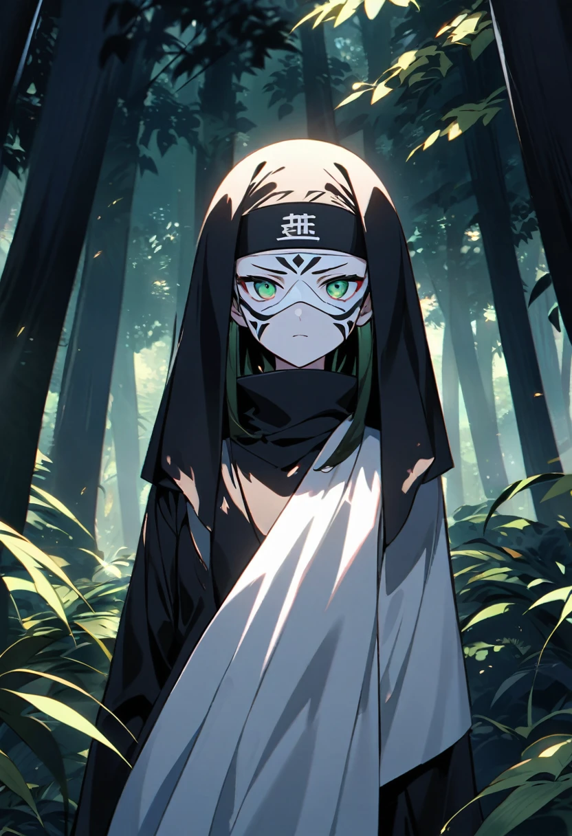 "An anime-style character with green eyes and a serious expression, wearing a predominantly black, stylish outfit that resembles a modern, sleek version of a traditional Japanese nun or ninja uniform. The outfit includes a fitted black robe with intricate designs, a black headband, and a white cloth mask covering the lower half of the face. The white cloth mask has the kanji character '隠' written on it. The character is standing in a dense forest with tall trees and dappled sunlight filtering through the leaves. The background is lush and green, creating a mysterious and serene atmosphere."