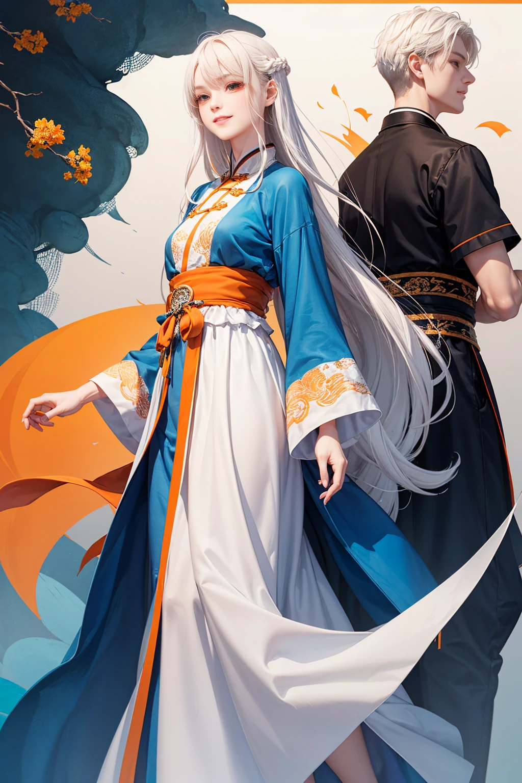 high quality , one white hair girl and one white hair boy, long hair, wuxia character, ((white clothes with blue and orange accent)), ink painting background, flat background, minimalist background, chinese wind pattern background, smiling, standing back to back