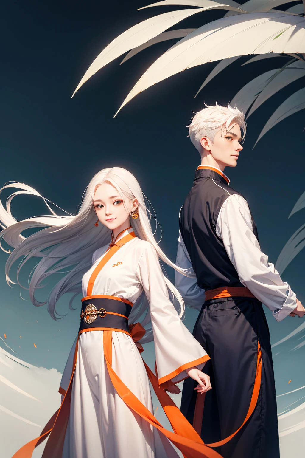 high quality , one white hair girl and one white hair boy, long hair, wuxia character, ((white clothes with blue and orange accent)), ink painting background, flat background, minimalist background, chinese wind pattern background, smiling, standing back to back