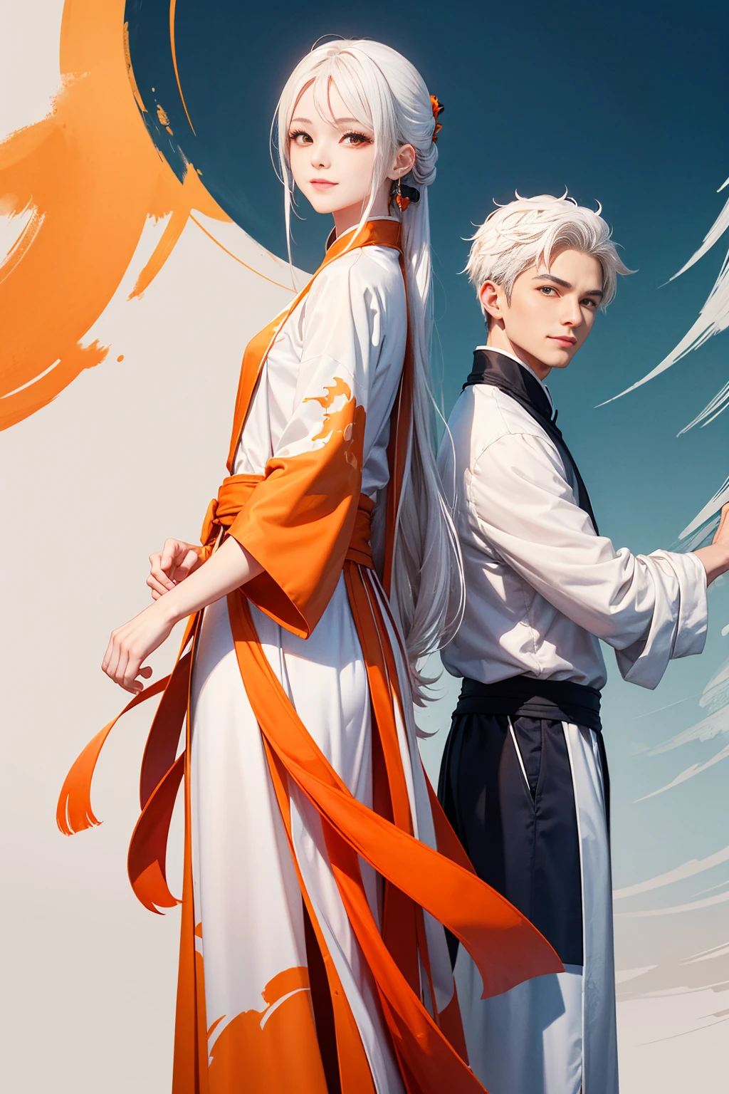 high quality , one white hair girl and one white hair boy, long hair, wuxia character, ((white clothes with blue and orange accent)), ink painting background, flat background, minimalist background, chinese wind pattern background, smiling, standing back to back