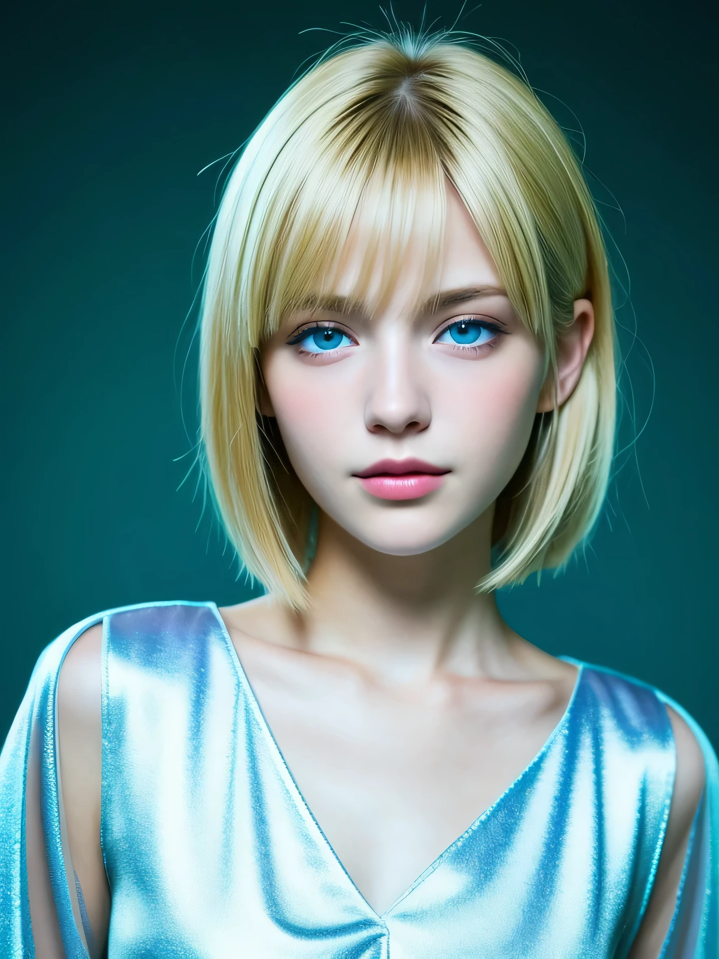 (Photo Real:1.4), (hyper realisitic:1.4), (Smooth lighting:1.05), 1 girl, teenager, blue eyes, happy, shy, smile, (looking away:1.2), Close-up of the face, Soft lighting, Back lighting, (Finest Real Textured Skins), Super fine face, glowy skin, retinas, Anatomically correct, (Blonde medium hair:1.1), bangs, Textured skin, High quality, high details, Best Quality, High resolution, Silk blouse